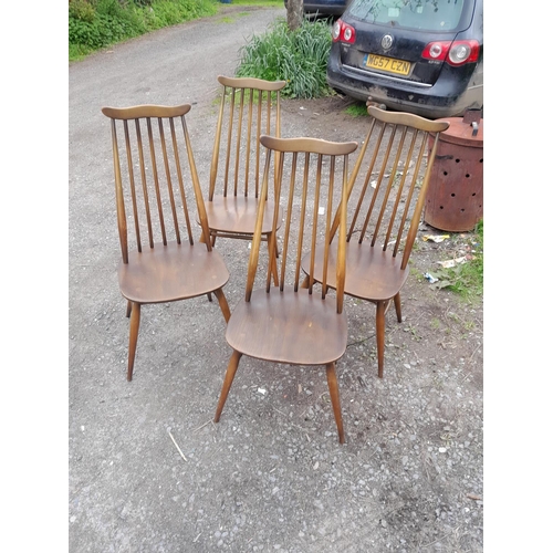 2 - Set of four Ercol Goldsmith high back dining chairs, mid colour with paper labels