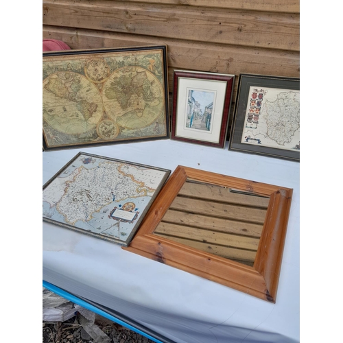 3 - 2 x pine frame mirrors and various reproduction prints and maps