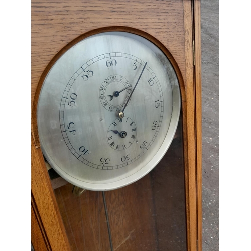 6 - Early 20th century regulator wall long case clock with circular silvered dial, Arabic numeral second... 