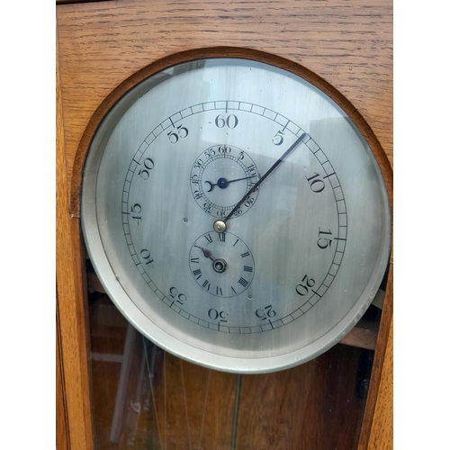 6 - Early 20th century regulator wall long case clock with circular silvered dial, Arabic numeral second... 