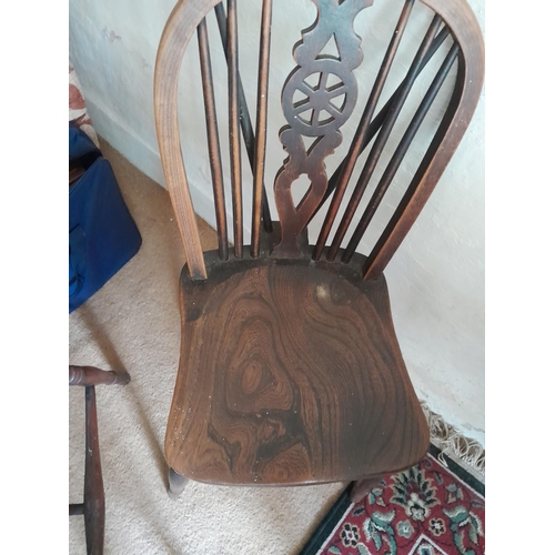 14 - 19th century carver chair with elm seat and 2 x vintage wheelback Windsor chairs