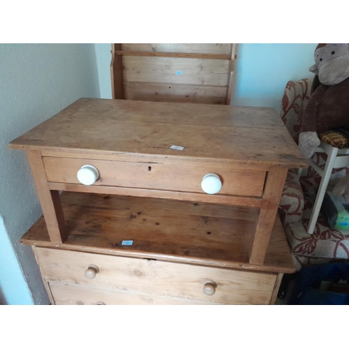 20 - Vintage pine single drawer coffee table with pottery handles 87 cms x 54 cms x  41 cms