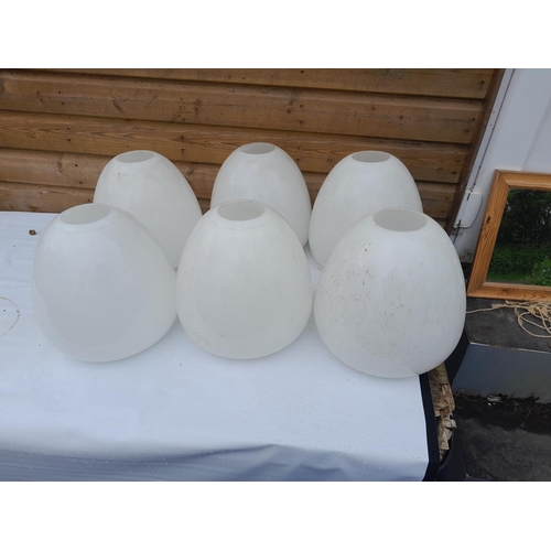 27 - 6 x vintage milk glass lightshades with a box of associated hanging chains, ex church