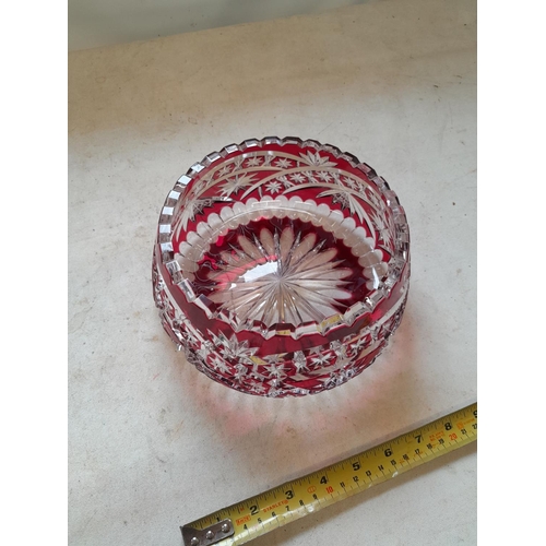 68 - Cut glass ruby and clear glass fruit bowl, 2 x very minor edge frits