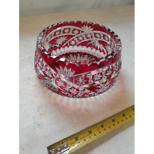 68 - Cut glass ruby and clear glass fruit bowl, 2 x very minor edge frits