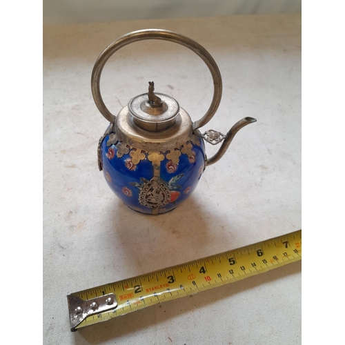 74 - Chinese enamel and base metal tea pot with rabbit finial