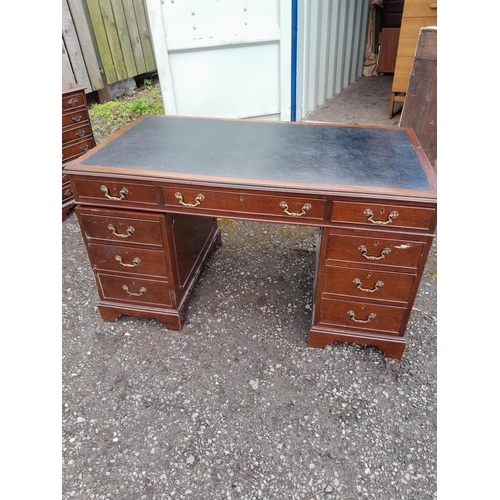 96 - Reproduction mahogany twin pedestal desk 74 cms x 140 cms x 70 cms