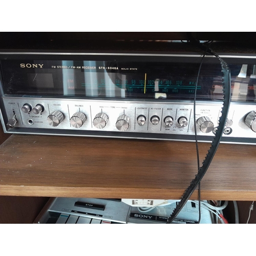 99 - Vintage teak stereo cabinet with contents : Sony STR 6046 STR A receiver & TC 16150 cassette