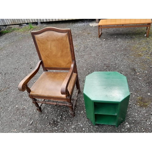 103 - Furniture : Early 20th century carver chair, shed built chair, coffee table , print , oval mirror et... 