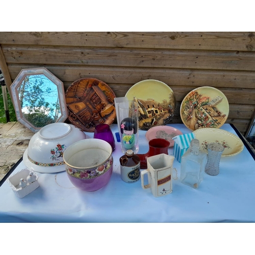 114 - Assorted decorative china etc. : damaged  plates and figure, plastic butter pat etc