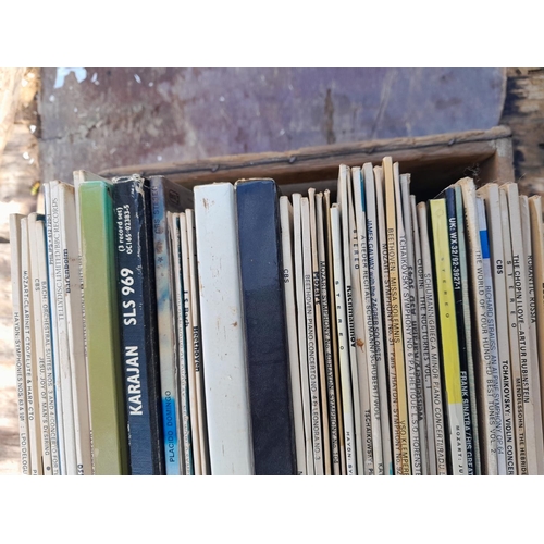 155 - Vintage advertising crate of records, classical some stereo press included