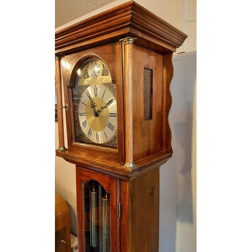 437 - Grandfather clock, German movement Westminster chime 8 day with 3 weights and pendulum. Oak case fro... 