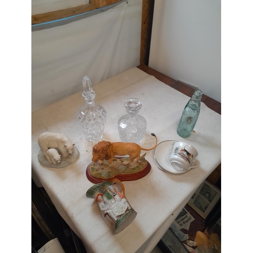 2 - Resin figures, Dornat ginger beer bottle, 2 x glass decanters etc