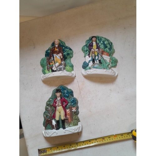12 - Set of three modern Masons pottery flatback, one with hairline crack, hunting shooting fishing inter... 