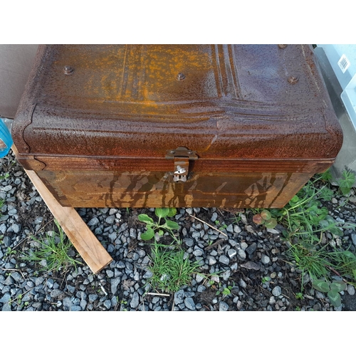 76 - Vintage tin trunk, storm lamp & stirrup pumps
