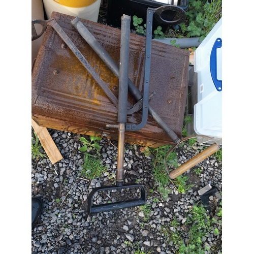 76 - Vintage tin trunk, storm lamp & stirrup pumps