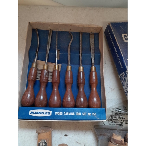 78 - Chisels, Marples carving tool set , enamel washbowl, squares etc.