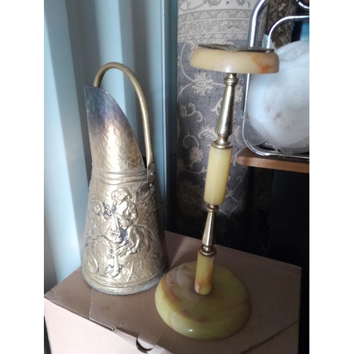 101 - Brass slipper box, smokers companion, coal scuttle, heat lamp and 2 x rolls of foam