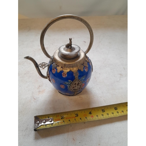 143 - Chinese enamel and base metal tea pot with rabbit finial