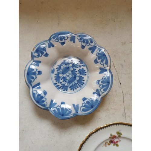 198 - 19th century Delft dish, damaged and restored Dresden plate & 19th century hand decorated plate