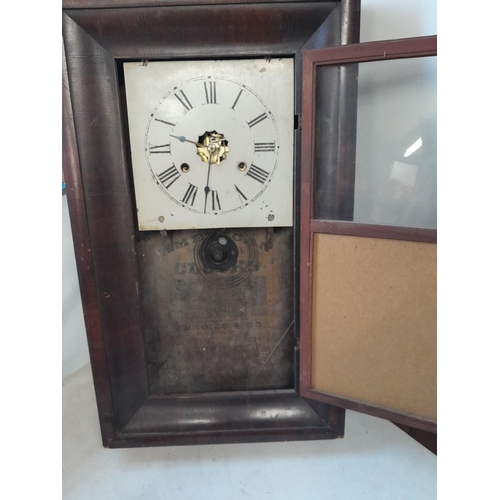 220 - Edwardian American wall clock with inset watercolour