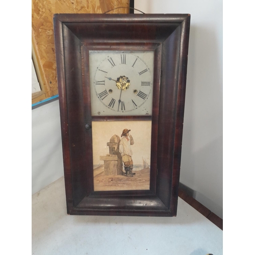 220 - Edwardian American wall clock with inset watercolour