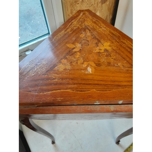 221 - Early 20th century French trefoil folding table with inlay and brass mounts, needs repolishing