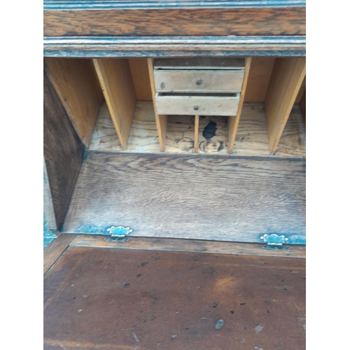 227 - Early 20th century oak bureau bookcase of small proportions, comes in two pieces for easy transport