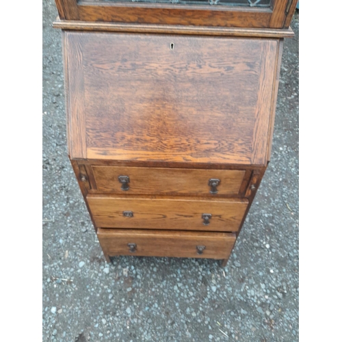 227 - Early 20th century oak bureau bookcase of small proportions, comes in two pieces for easy transport