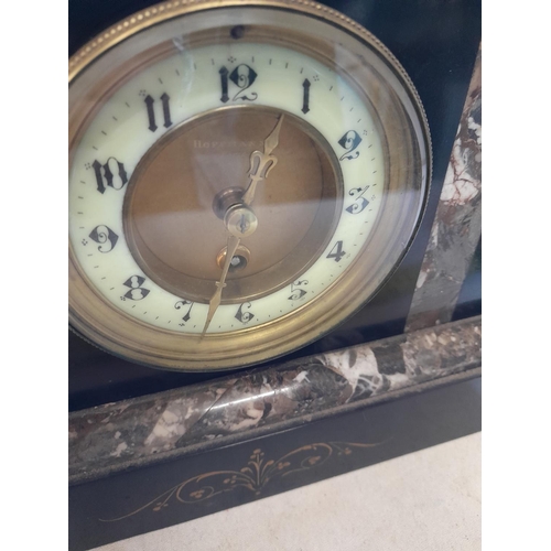 297 - Early 20th century slate and marble mantle clock with pendulum no key