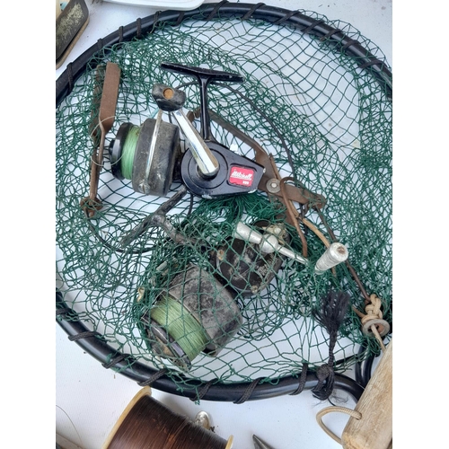 310 - Assorted fly fishing tackle 2 x vintage Mitchell reels, gaff, priests landing net etc