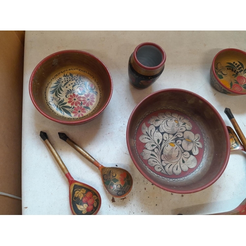 318 - Nice collection of vintage hand painted Russian lacquer work, bowls, ladles, vases etc.