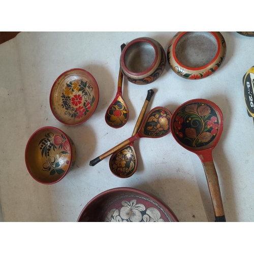 318 - Nice collection of vintage hand painted Russian lacquer work, bowls, ladles, vases etc.