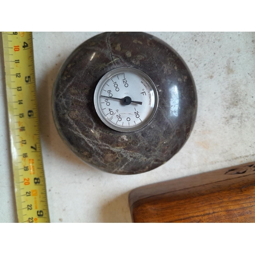 329 - Serpentine barometer and wooden ware