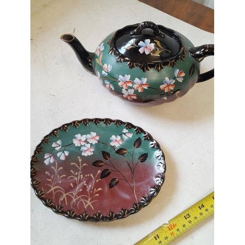 365 - Edwardian Brownfields type black treacle glaze tea pot on stand with stoneware hot water bottle