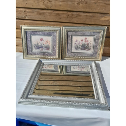 376 - Various pictures and silver frame mirror