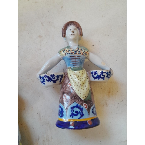 442 - Pair of 19th century polychrome Delft figures with damages, initialled internally ,  & 2 x vintage b... 