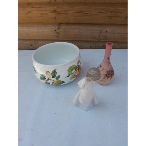 15 - Portmeirion chamber pot, Nao figure milk glass hand decorated vase