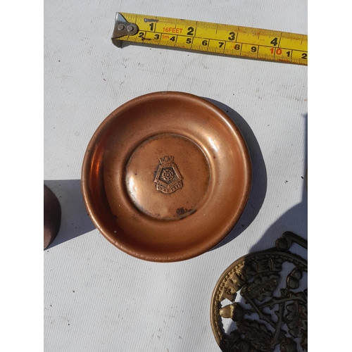 75 - Brass and copper ware : HMS Hood copper pin dish, 19th century coin bottom tumbler , folding knife e... 