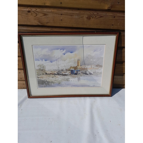 120 - 1 x watercolour : Alwyn Crawshaw print of Harbour Scene in damaged glass 50 cms x 33cms & watercolou... 