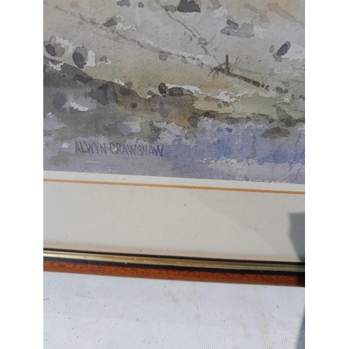 120 - 1 x watercolour : Alwyn Crawshaw print of Harbour Scene in damaged glass 50 cms x 33cms & watercolou... 