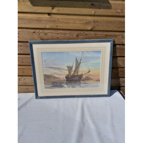 120 - 1 x watercolour : Alwyn Crawshaw print of Harbour Scene in damaged glass 50 cms x 33cms & watercolou... 