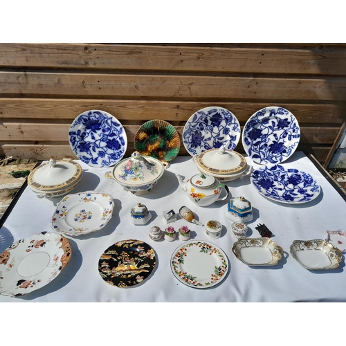 123 - Decorative china : posies, 19th century flow blue and white dinner plates, majolica plate, Masons Ma... 