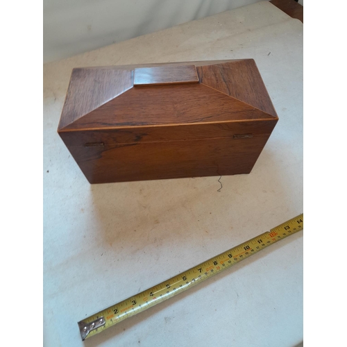 126 - 19th century sarcophagus shaped fully fitted rosewood tea caddy, light stain on top, two hinged lidd... 