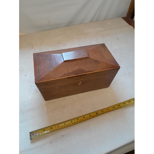 126 - 19th century sarcophagus shaped fully fitted rosewood tea caddy, light stain on top, two hinged lidd... 