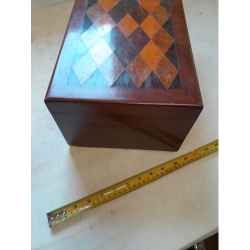 127 - Late Victorian inlaid mixed wood work box with fitted interior