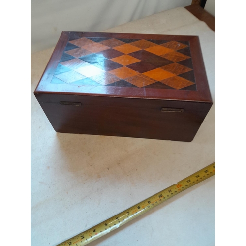 127 - Late Victorian inlaid mixed wood work box with fitted interior