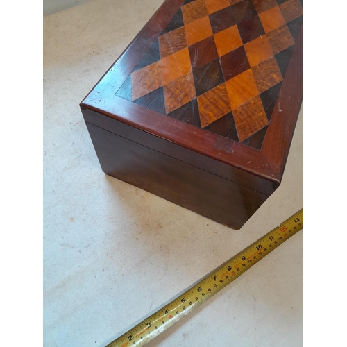 127 - Late Victorian inlaid mixed wood work box with fitted interior