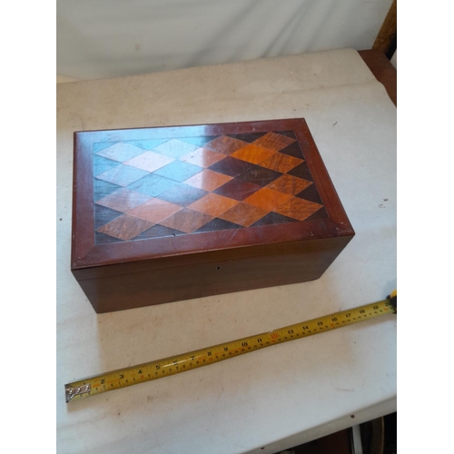 127 - Late Victorian inlaid mixed wood work box with fitted interior