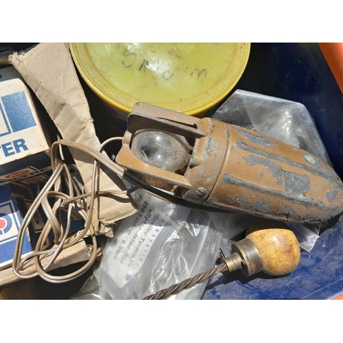 176 - Box of garage equipment : possible vintage motorcycle and car interest, filters etc. some boxed